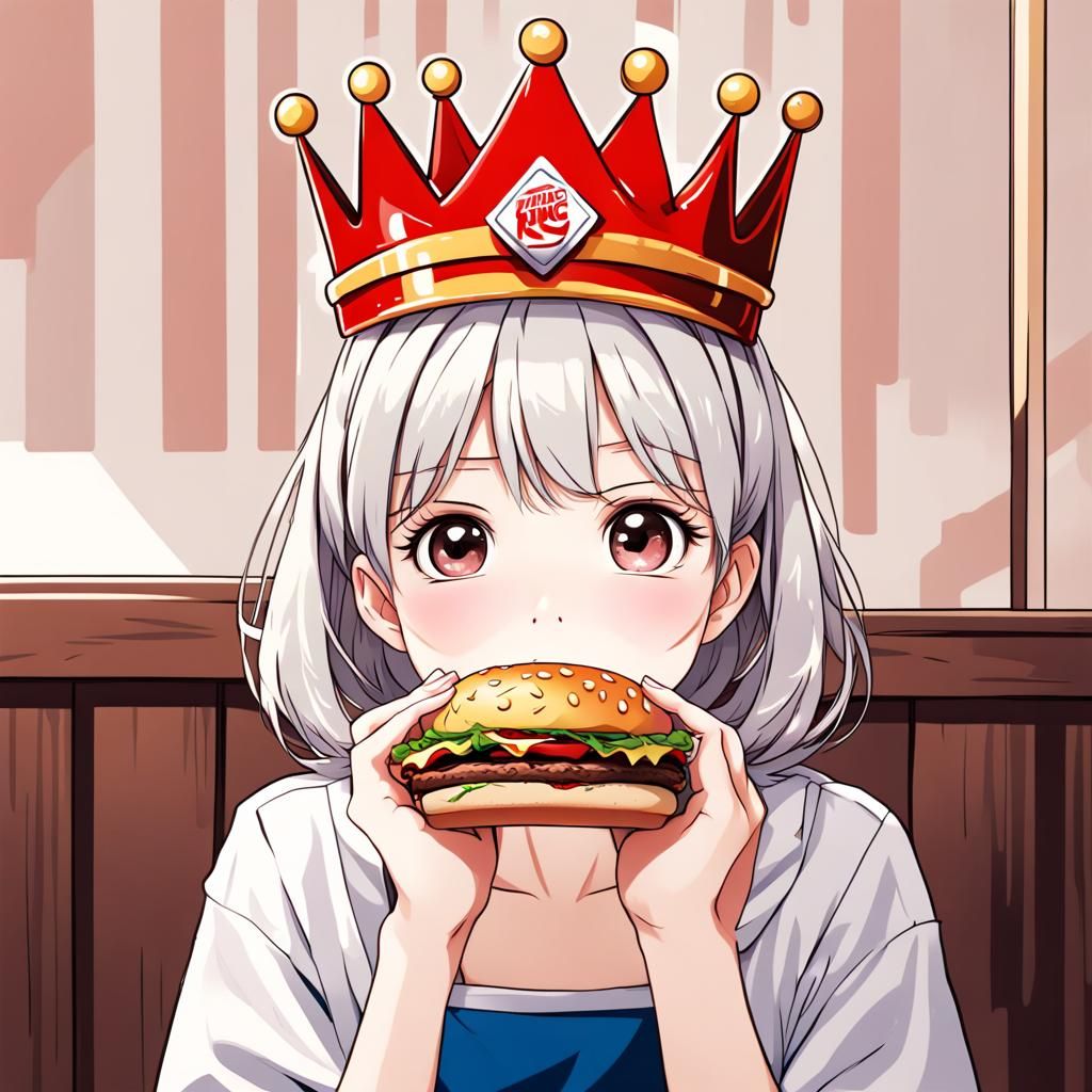 Anime Girl Eating Hamburger with Crown