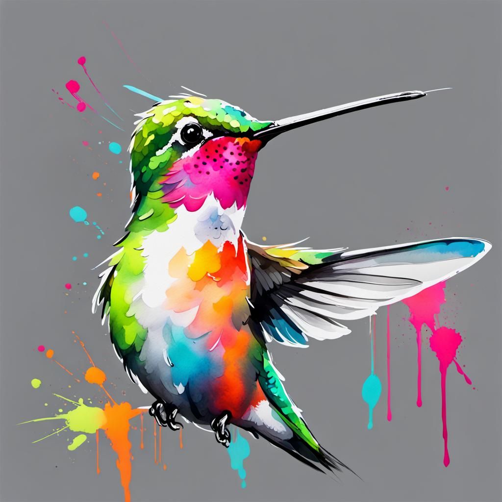 Fluorescent Hummingbird with Expressive Watercolor Brushstro...