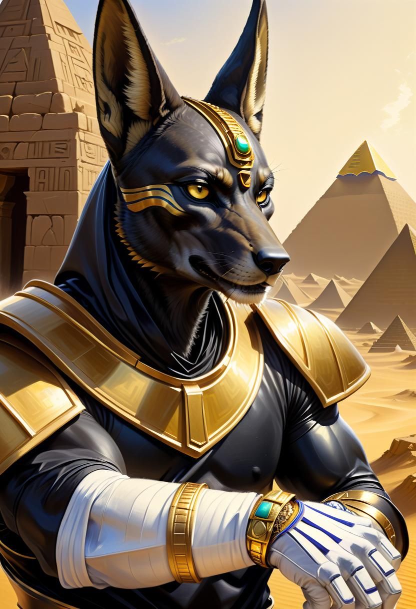 Anubis Pharaoh Ranger in Ancient Desert, Oil Painting