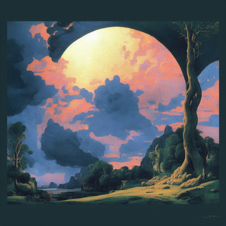 Mystical Neon River Landscape in a Raging Stormy Chaotic Mae...