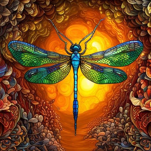 Fantasy Stained Glass Dragonfly in Hyperrealism