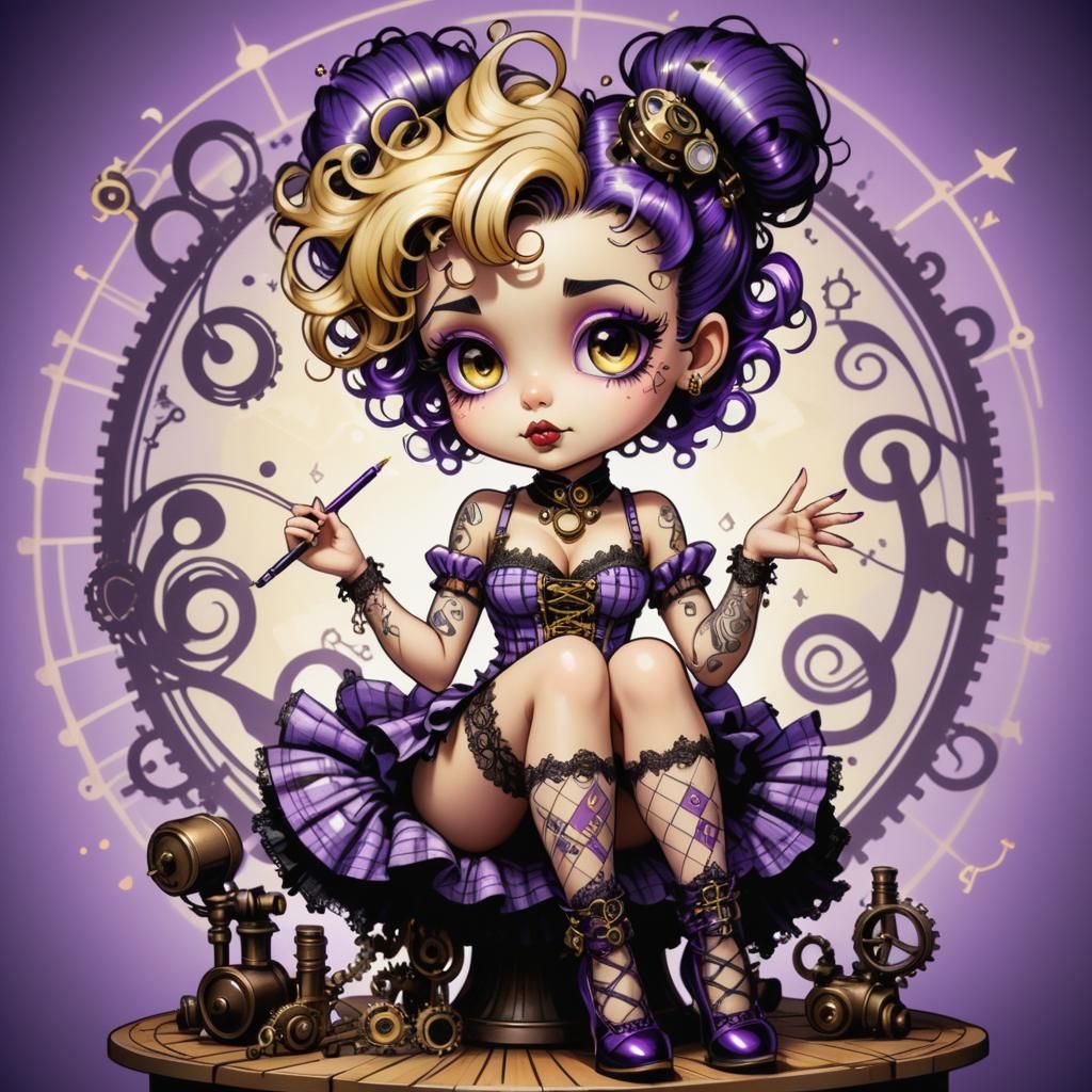 Steampunk Chibi Character in Ink Outline