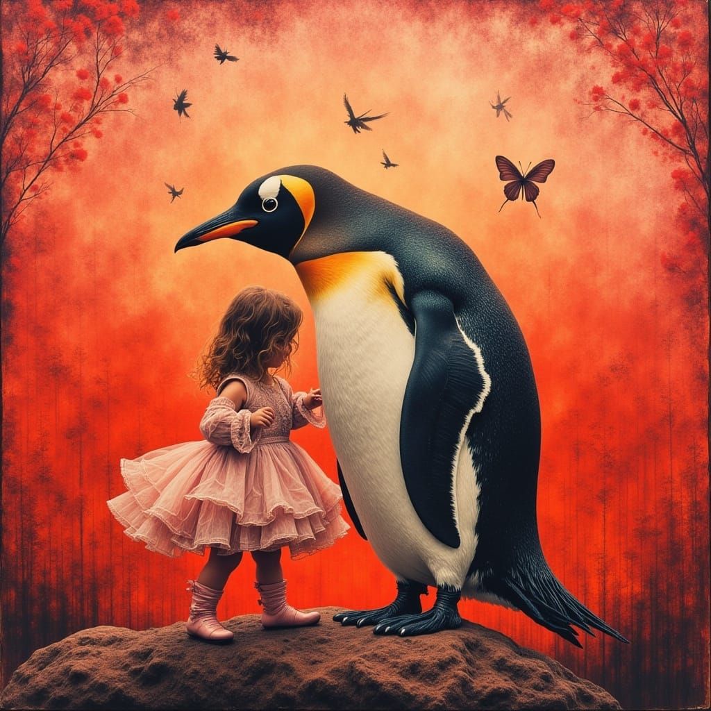 Penguin Ballet Dream in Monotype Print Style