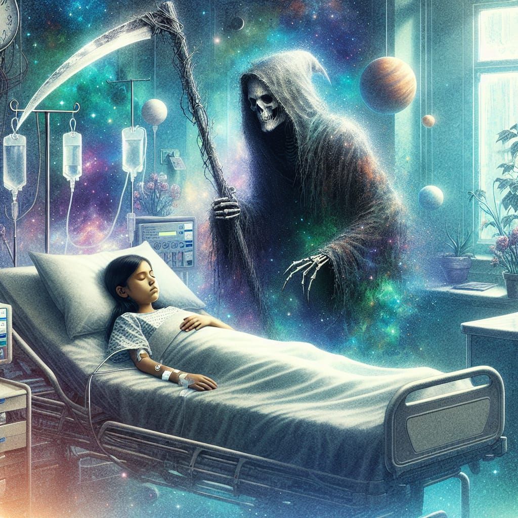 Grim Reaper and Sleeping Girl in Dreamscape
