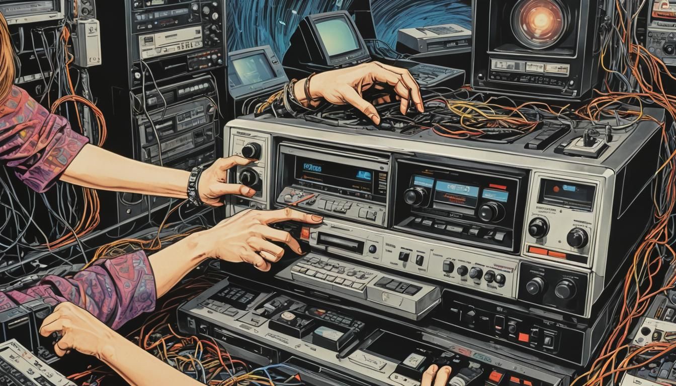 VCR Cassette Insertion in Comic Book Style