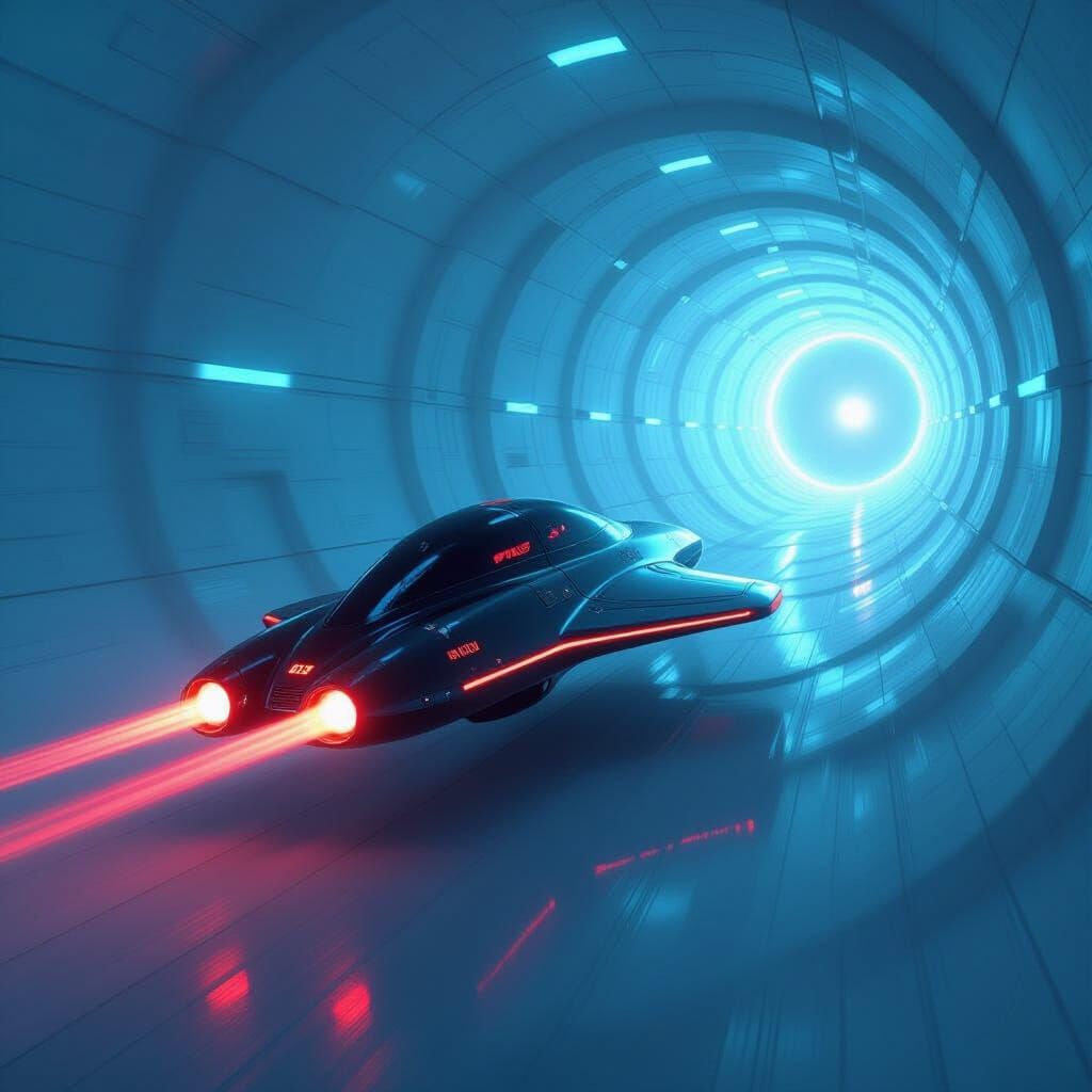 Futuristic Spacecraft Soars Through Neon Tunnel