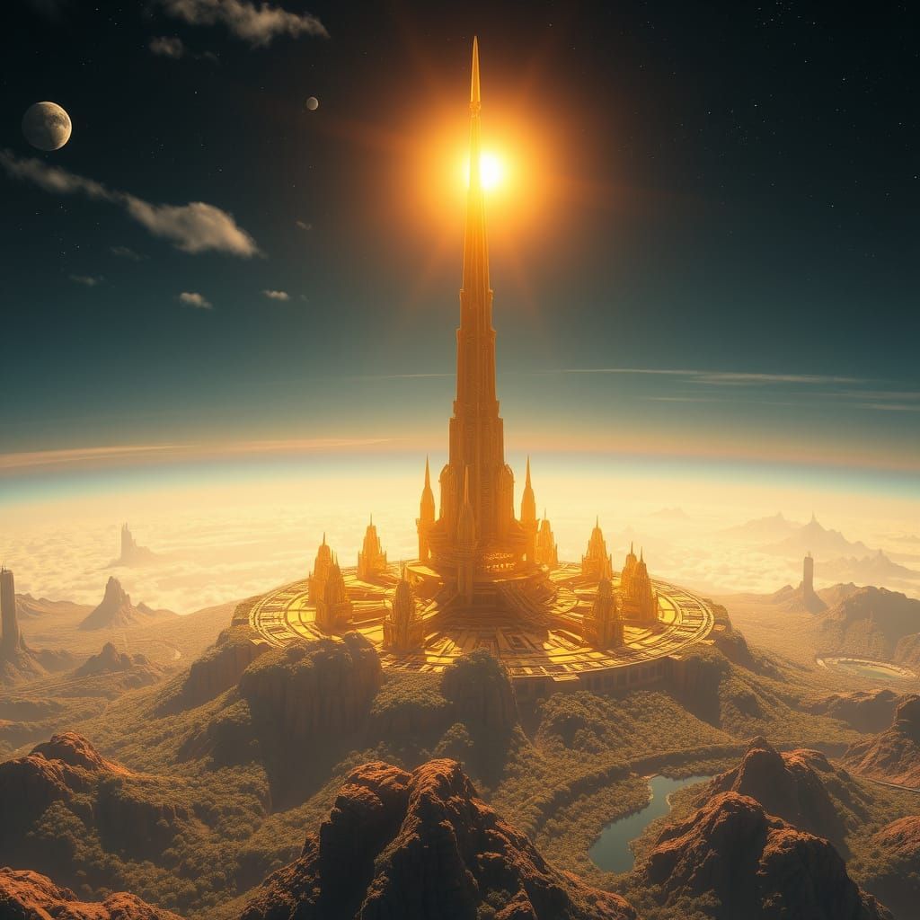 Surreal New Earth from Space, with Majestic Golden Metropoli...