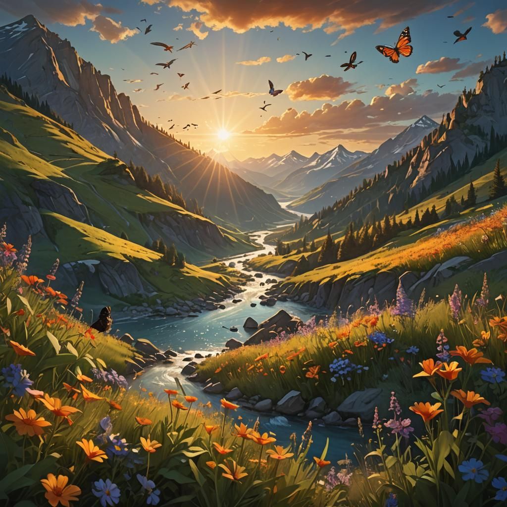 Lush Mountain River Landscape in Digital Matte Painting