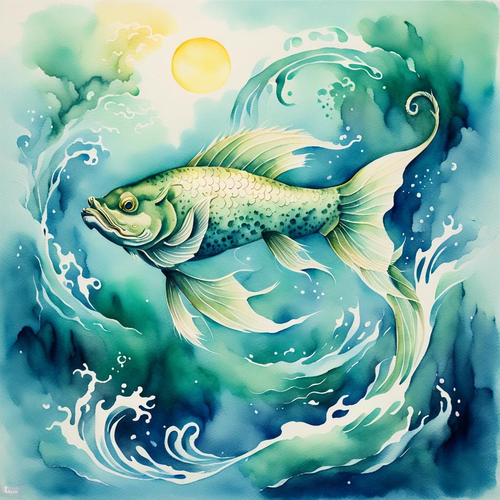 Serene Dragon Fish with Taiji Symbol in Watercolor
