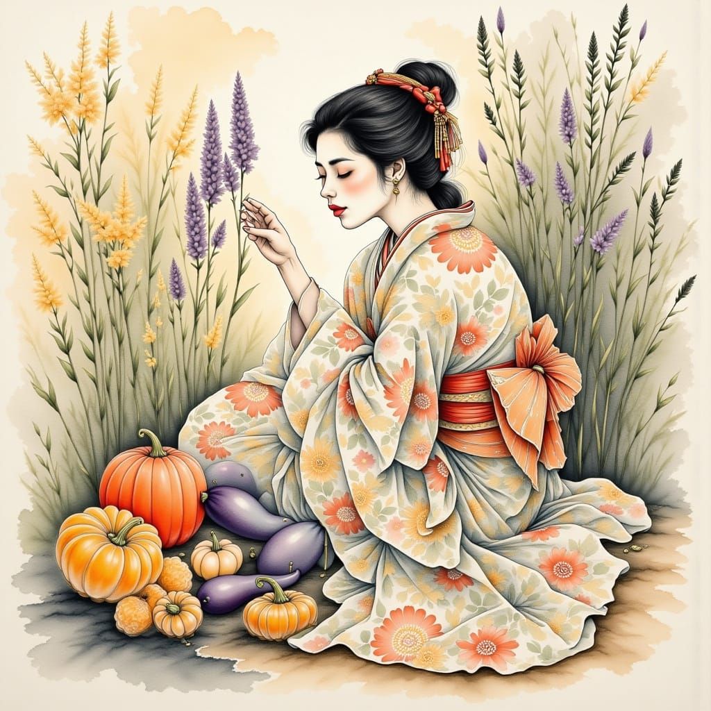 Elegant Japanese Woman Sketching Eggplants, Ukiyo-e Style