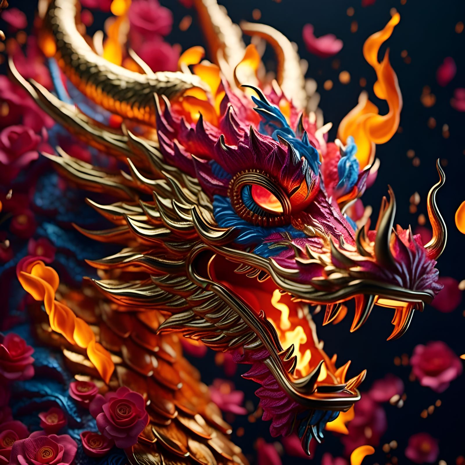 Fiery Floral Dragon: Hyperrealistic Digital Art