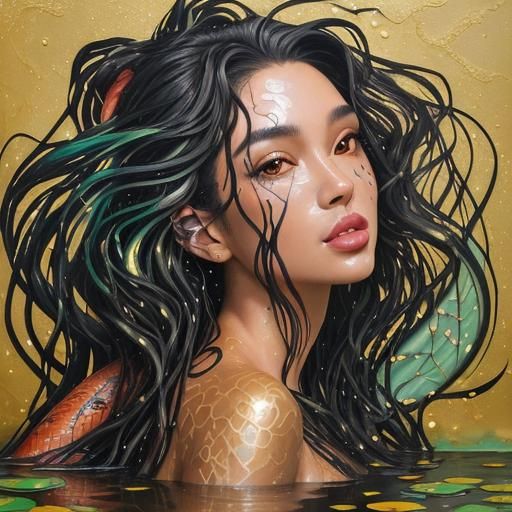Woman Swimming with Koi Carp in Graffiti Art Style