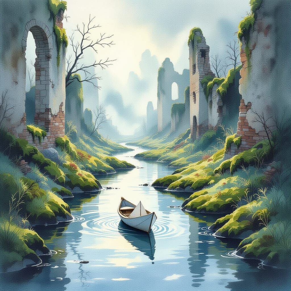 Paper Boat in Ruined Landscape Watercolor