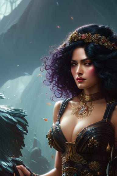 Ethereal Beauty with Curly Black Hair as Oil Painting