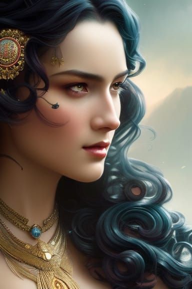 Sinister Curly Haired Goddess in Hyperdetailed Oil Painting