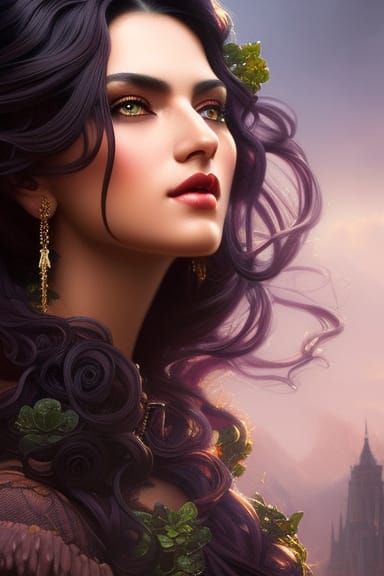 Ethereal Beauty with Curly Black Hair: Hyperdetailed Fantasy