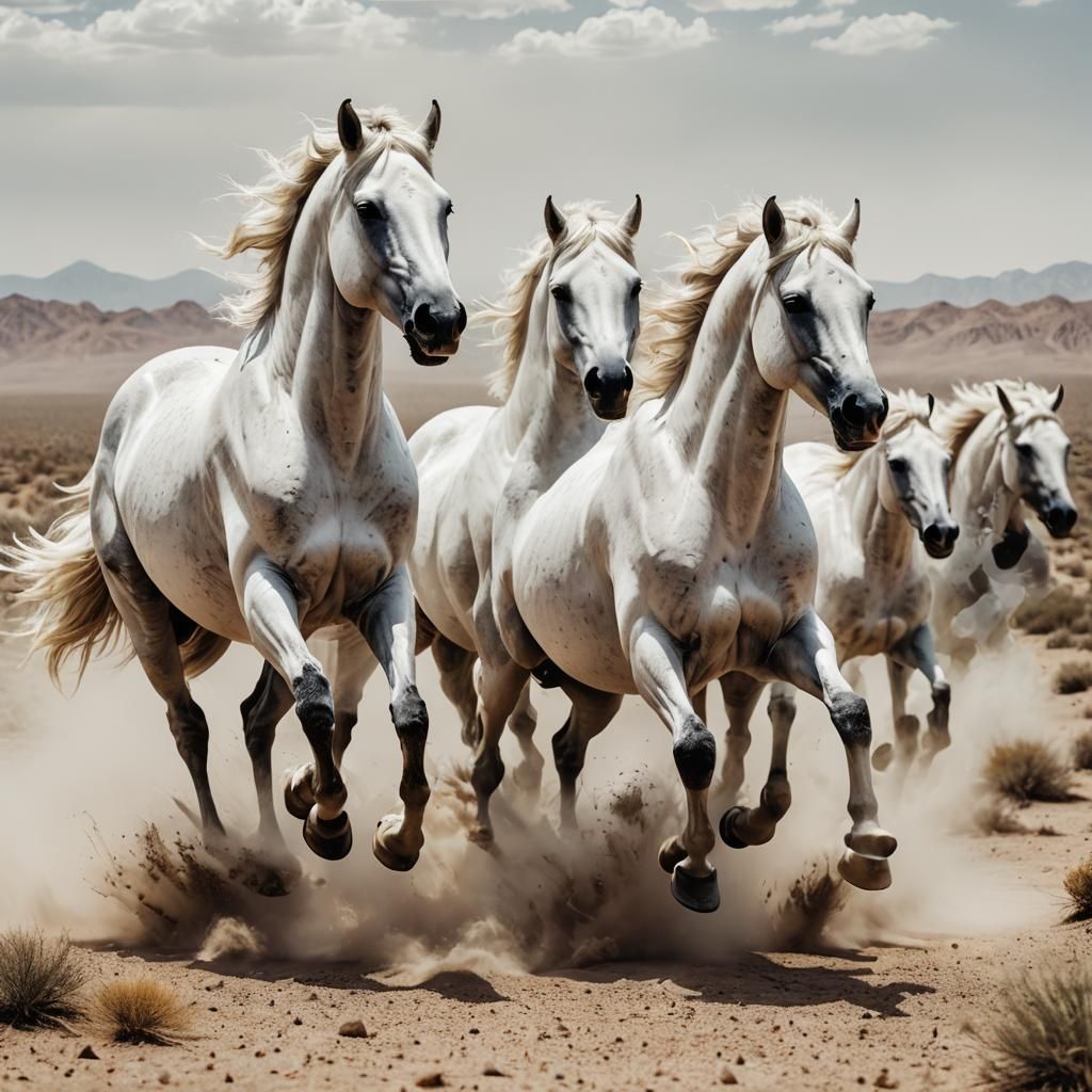 White Horses Running Wild in Desert Double Exposure