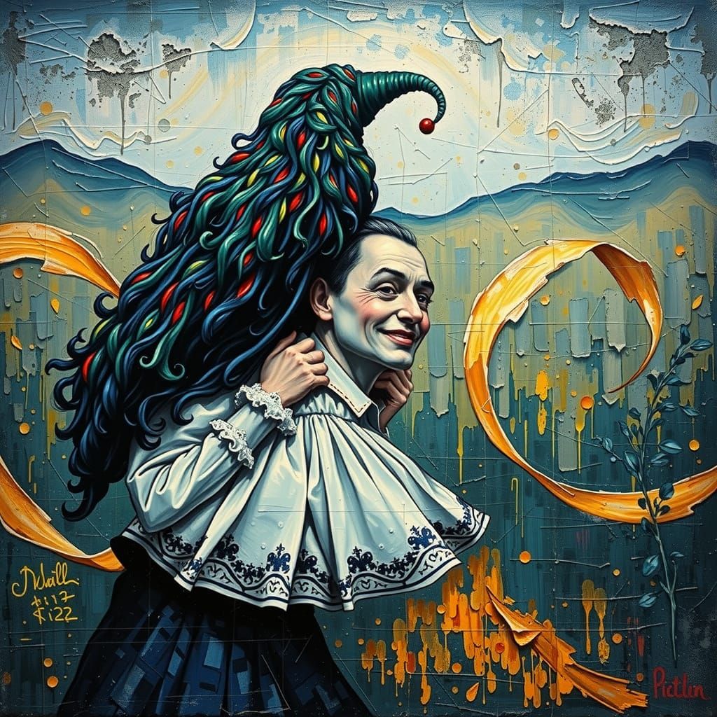 Harlequin Couple Embracing in Vibrant Whimsy