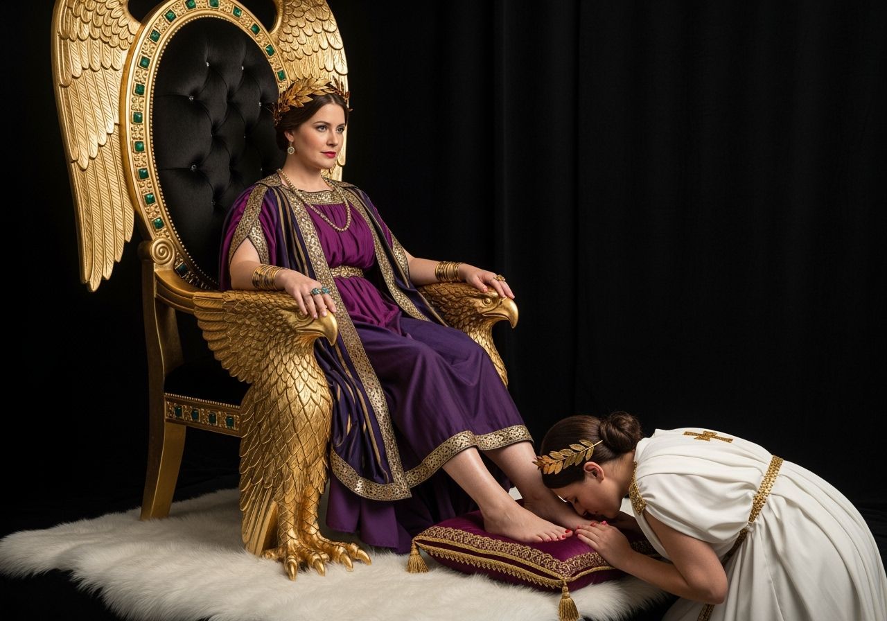 Regal Roman Empress on Emerald and Gold Throne