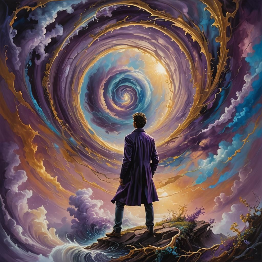Man Gazing into Swirling Vortex: Surreal Oil Painting