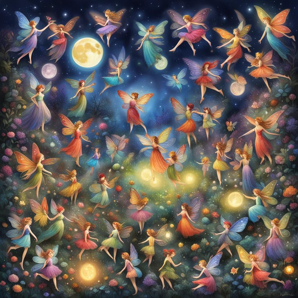 Multicolor Fairies Basking in Full Moonlight