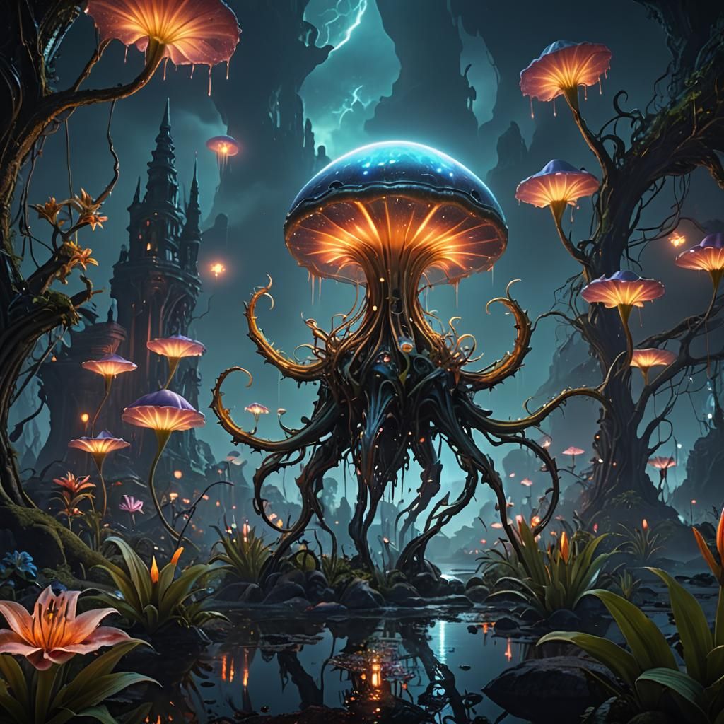 Ethereal Alien Flora in Twinkling Landscape