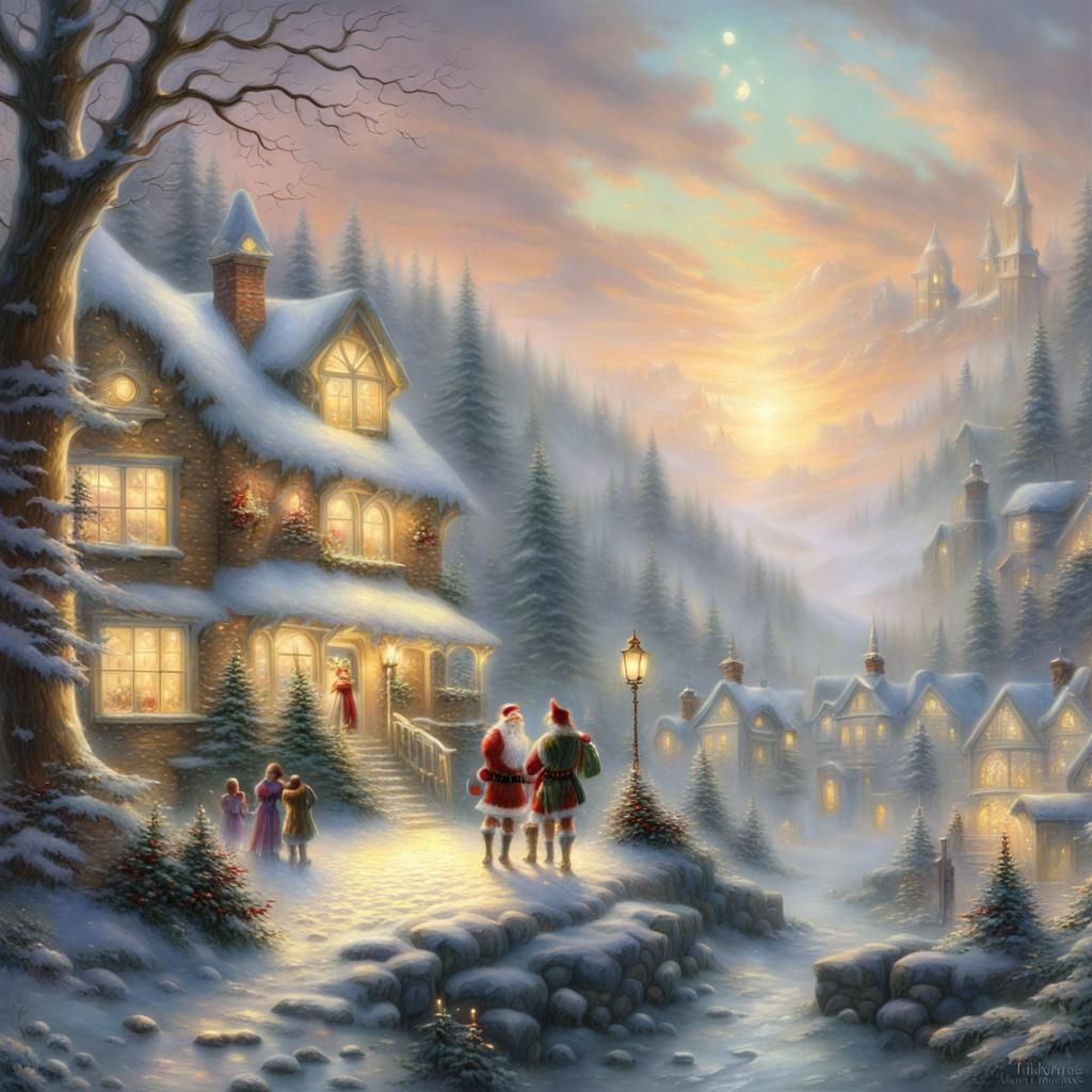 Santa and Elves in Ethereal Christmas Fantasy