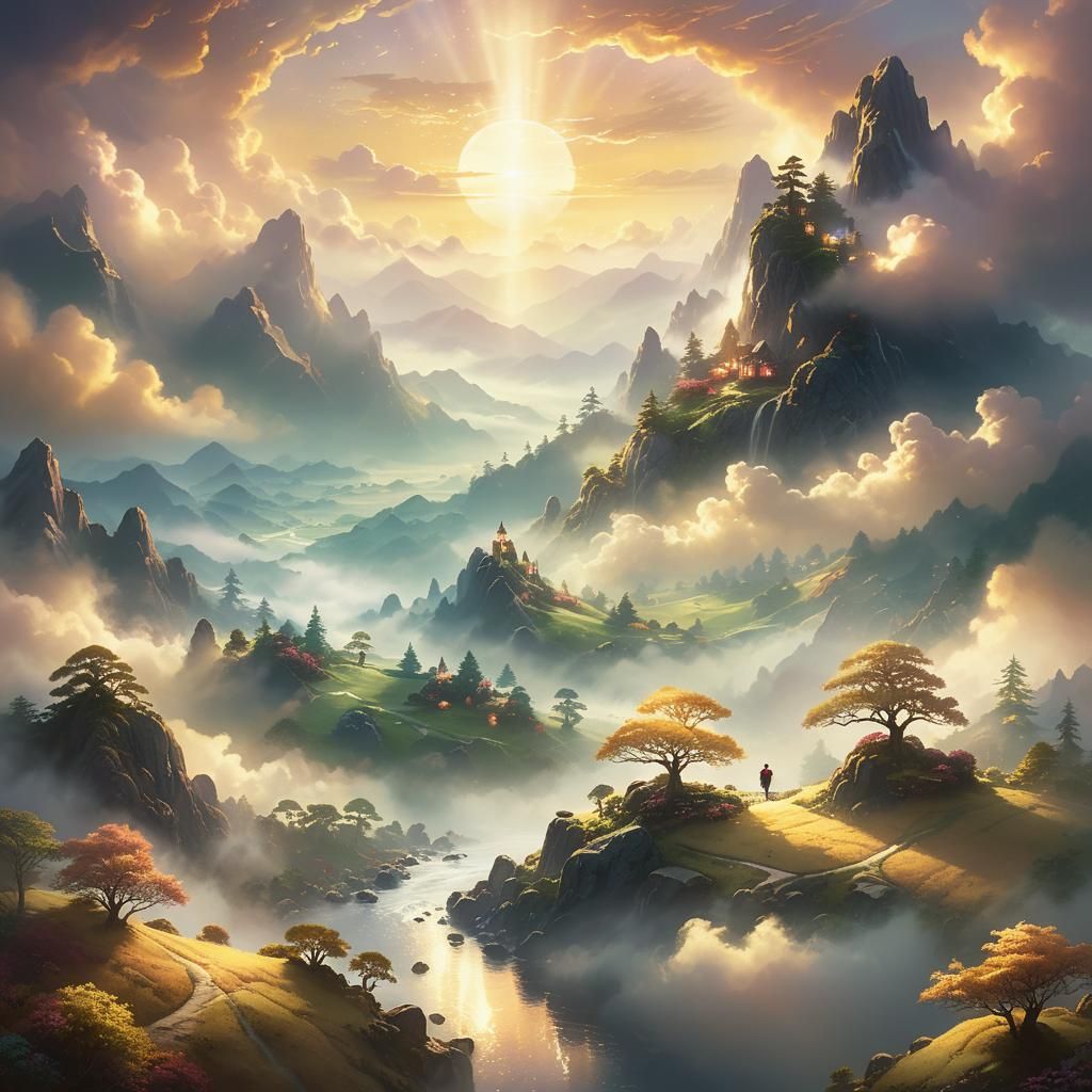 Ethereal God Protects Earth in Misty Landscape