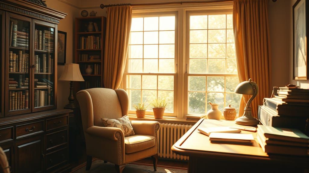 Cozy Home Office with Vintage Desk, Painterly Style