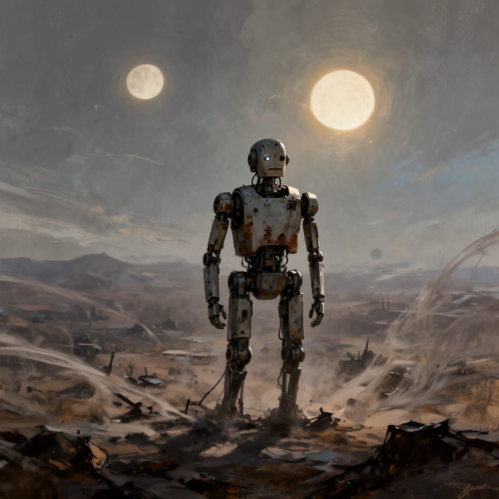 Stoic Robot in Windswept Alien Landscape Under Twin Suns