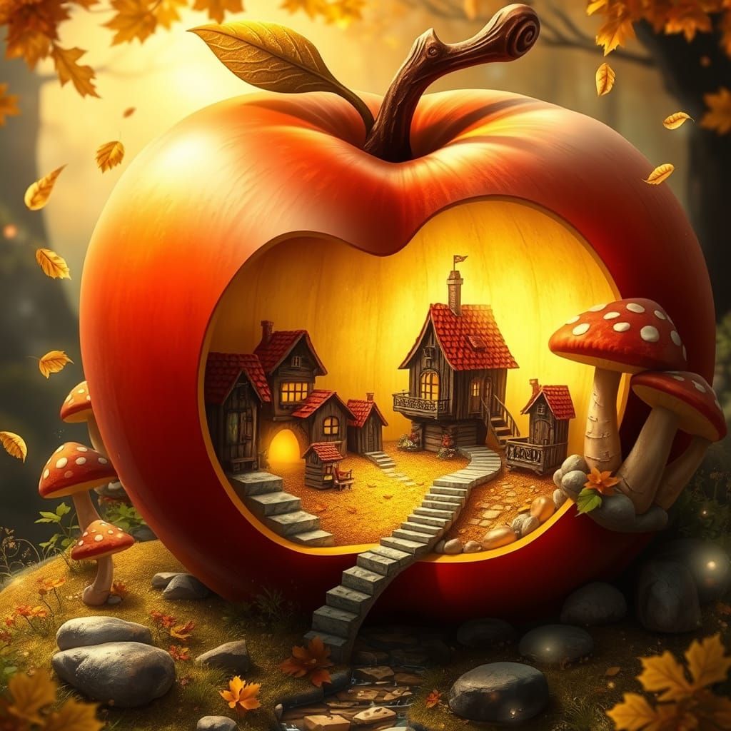 Fairytale Village Inside a Giant Apple, Fantasy Art