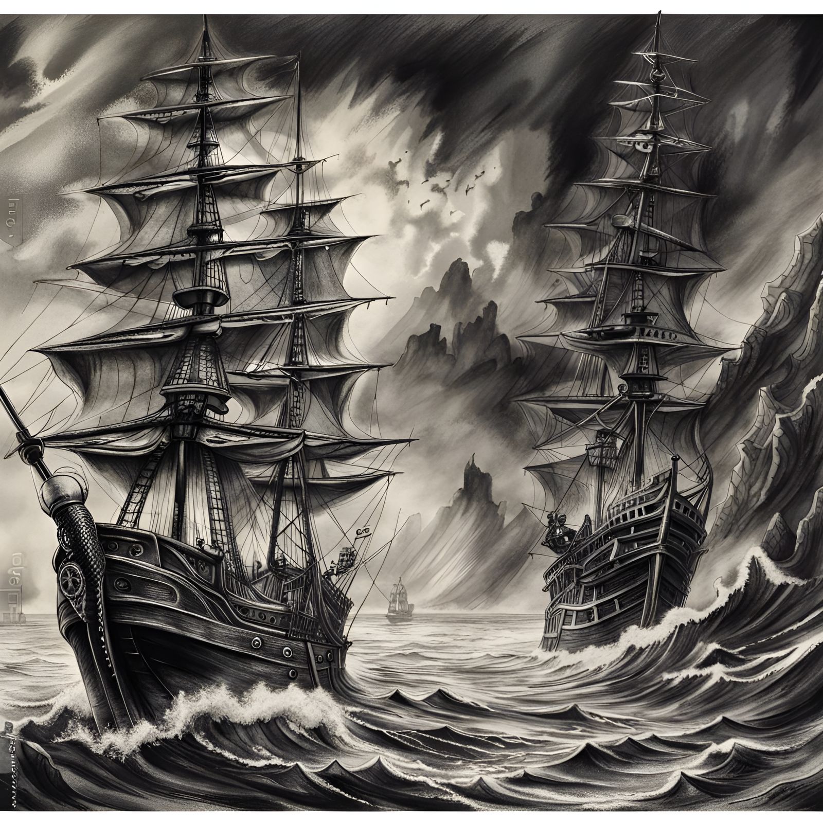 Pirate King's Ship: Hyperdetailed Charcoal Drawing