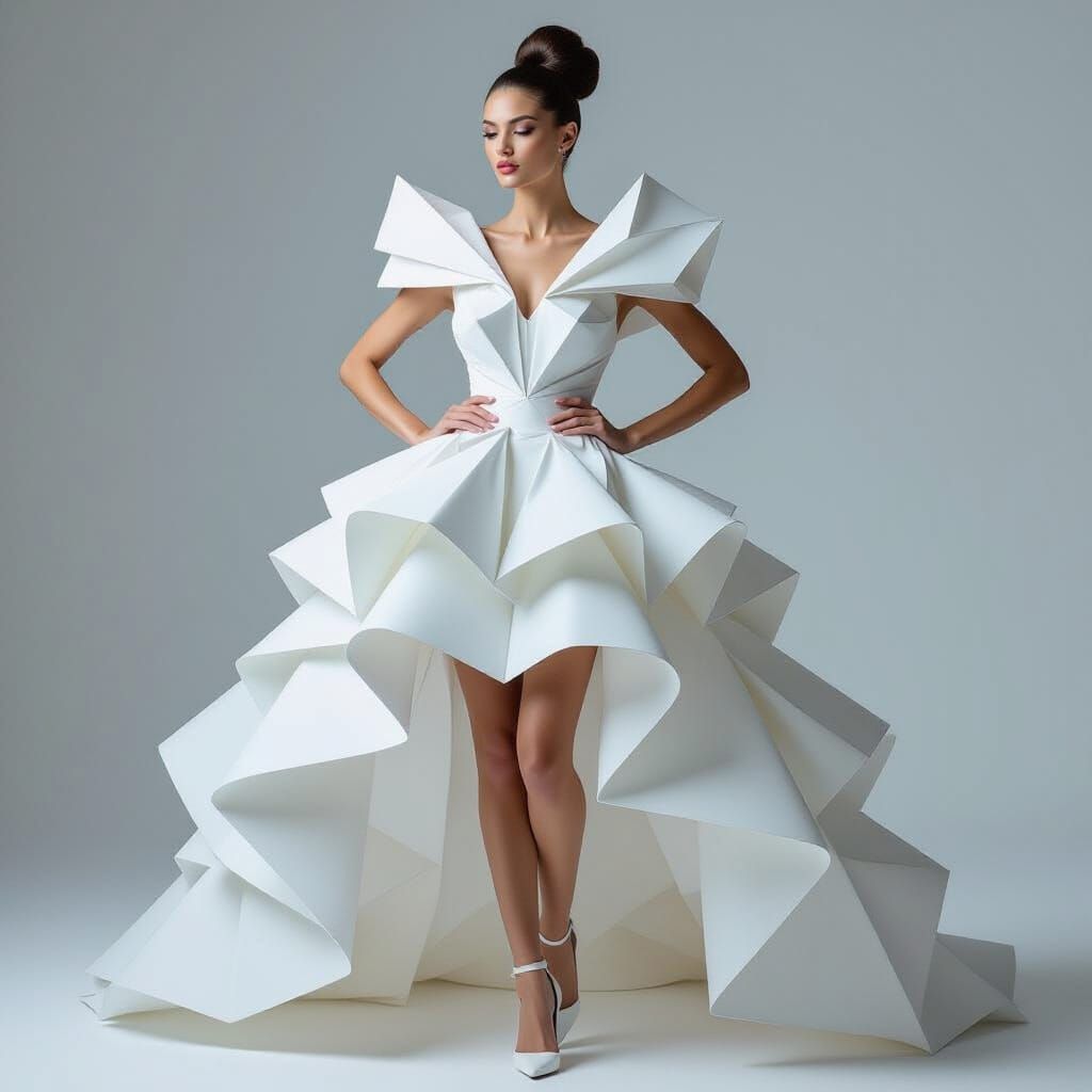Vogue-Style Fashion Model in Origami Paper Dress