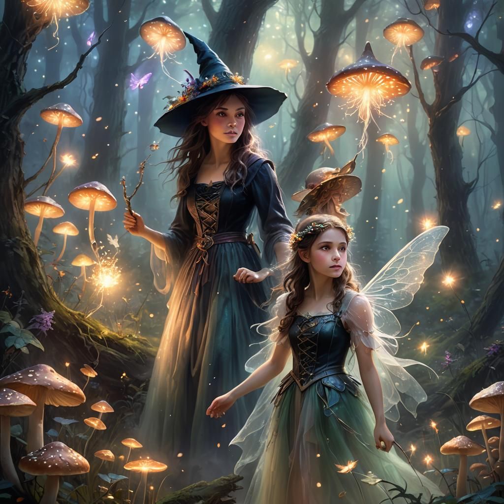 Mystical Forest: Witch and Fairy in Dreamy Ethereal Art