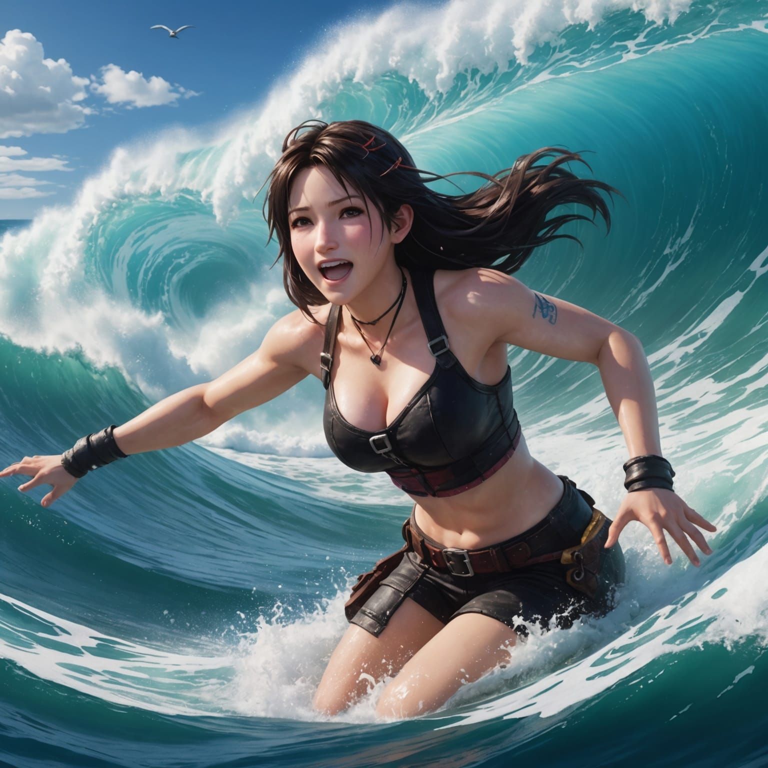Tifa Lockheart Bodysurfing a Colossal Wave