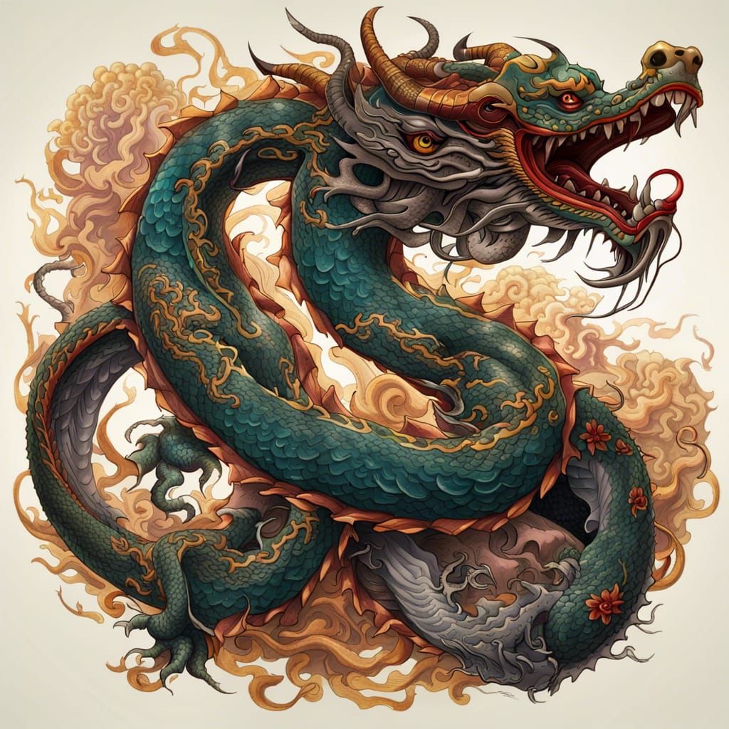 Animated Serpentine Dragon Tattoo in Oriental Style