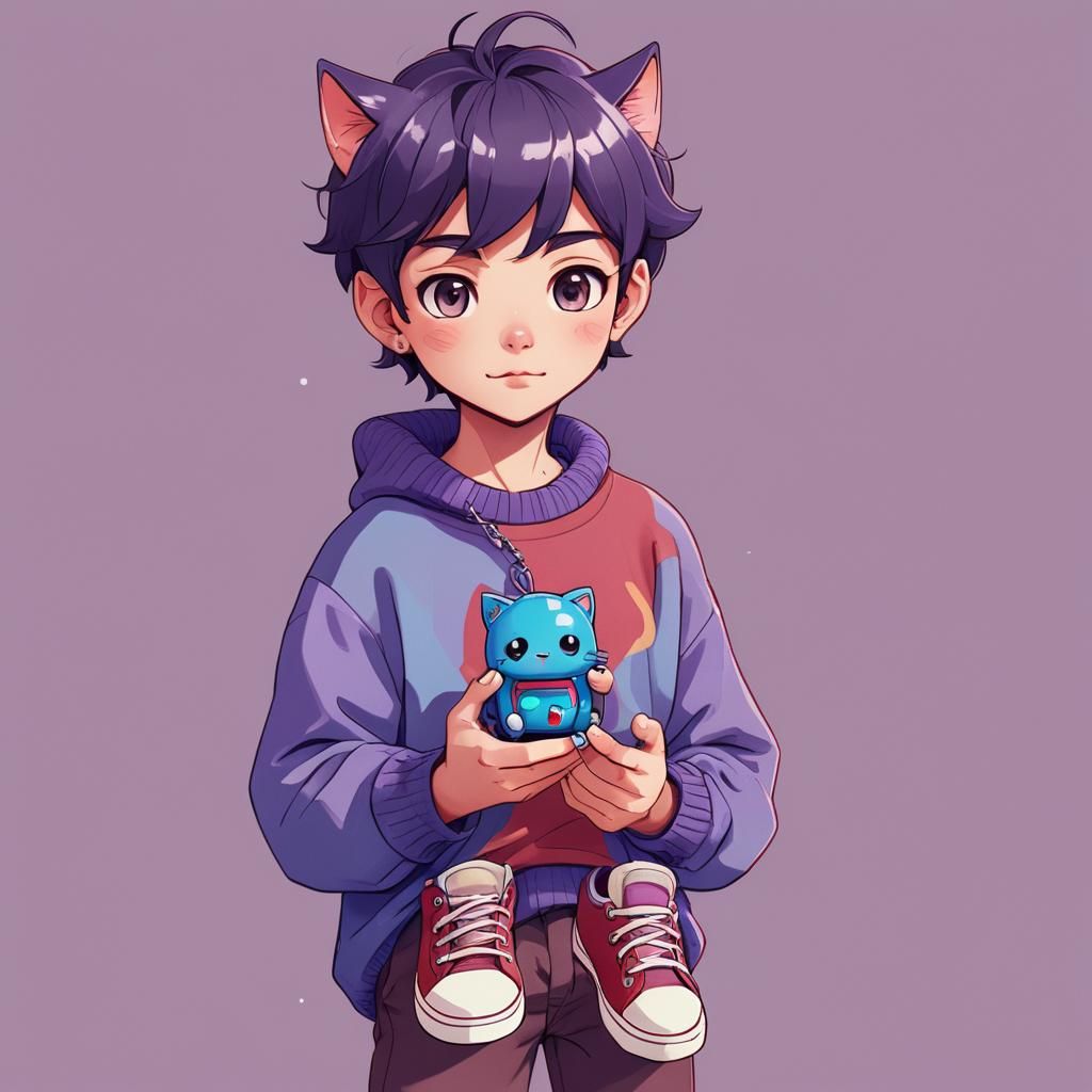 Kawaii Feline Boy with Tamagotchi: Digital Illustration