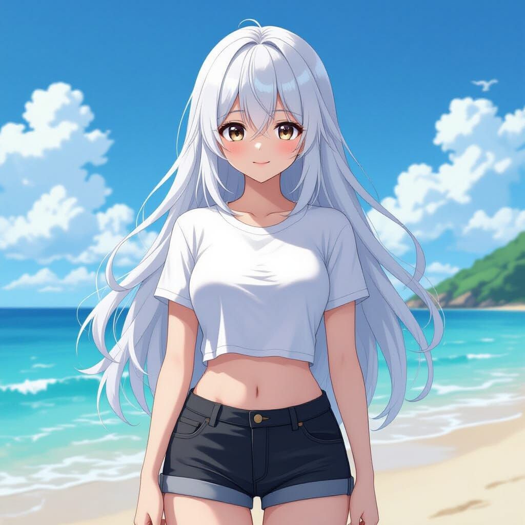 Anime Girl on Beach with Exaggerated Features