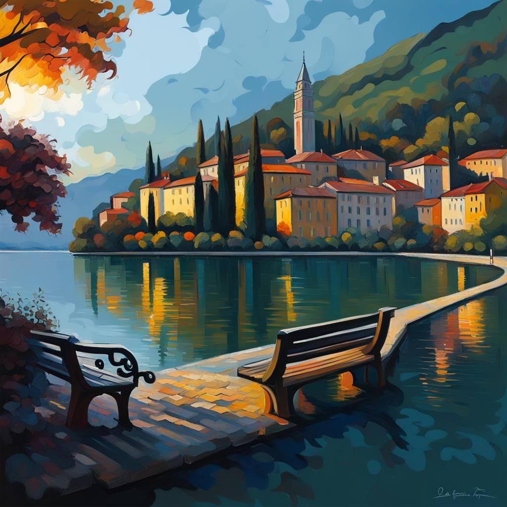 Lake Como Sunset: Neo-Impressionist Oil Painting