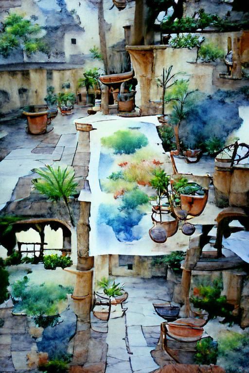Courtyard View: Simple Watercolor Painting
