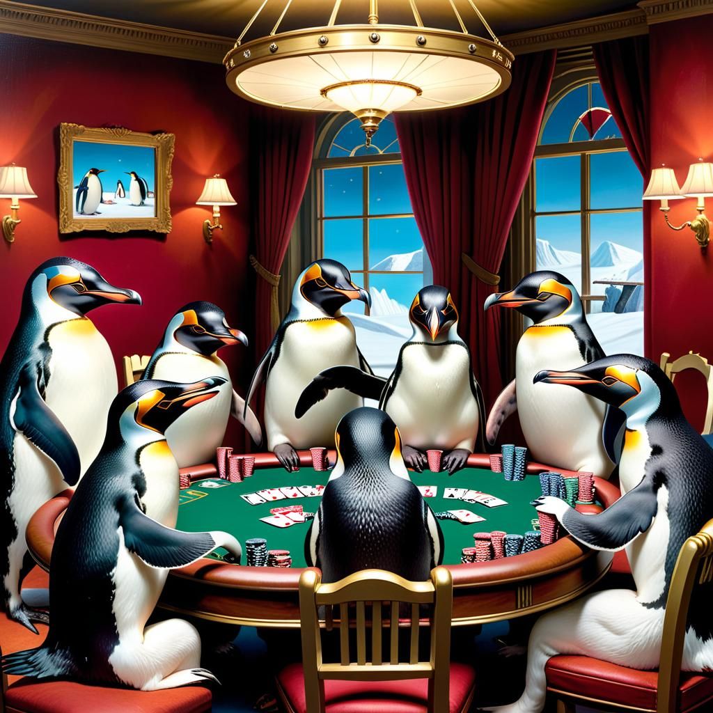 Penguins Play Poker in Whimsical Antarctic Recreation