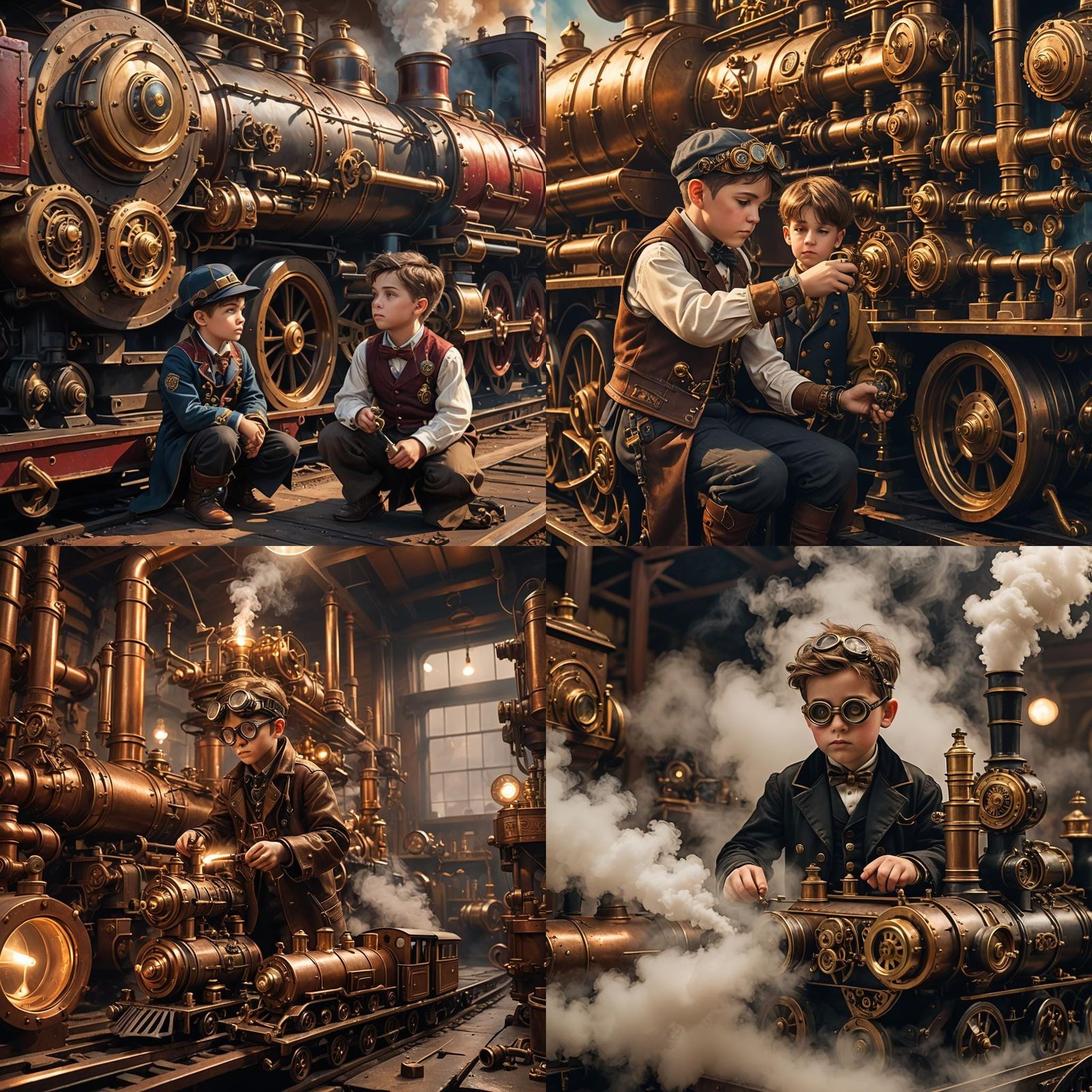 Steampunk Boy with Steam Engine Train