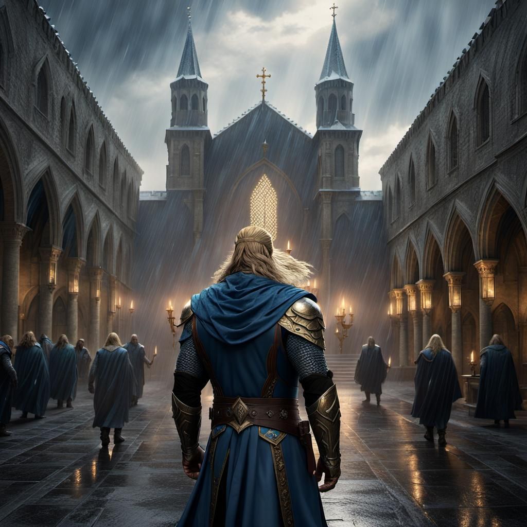 Thor-like Paladin Walking to Chapel: Dark Fantasy Art