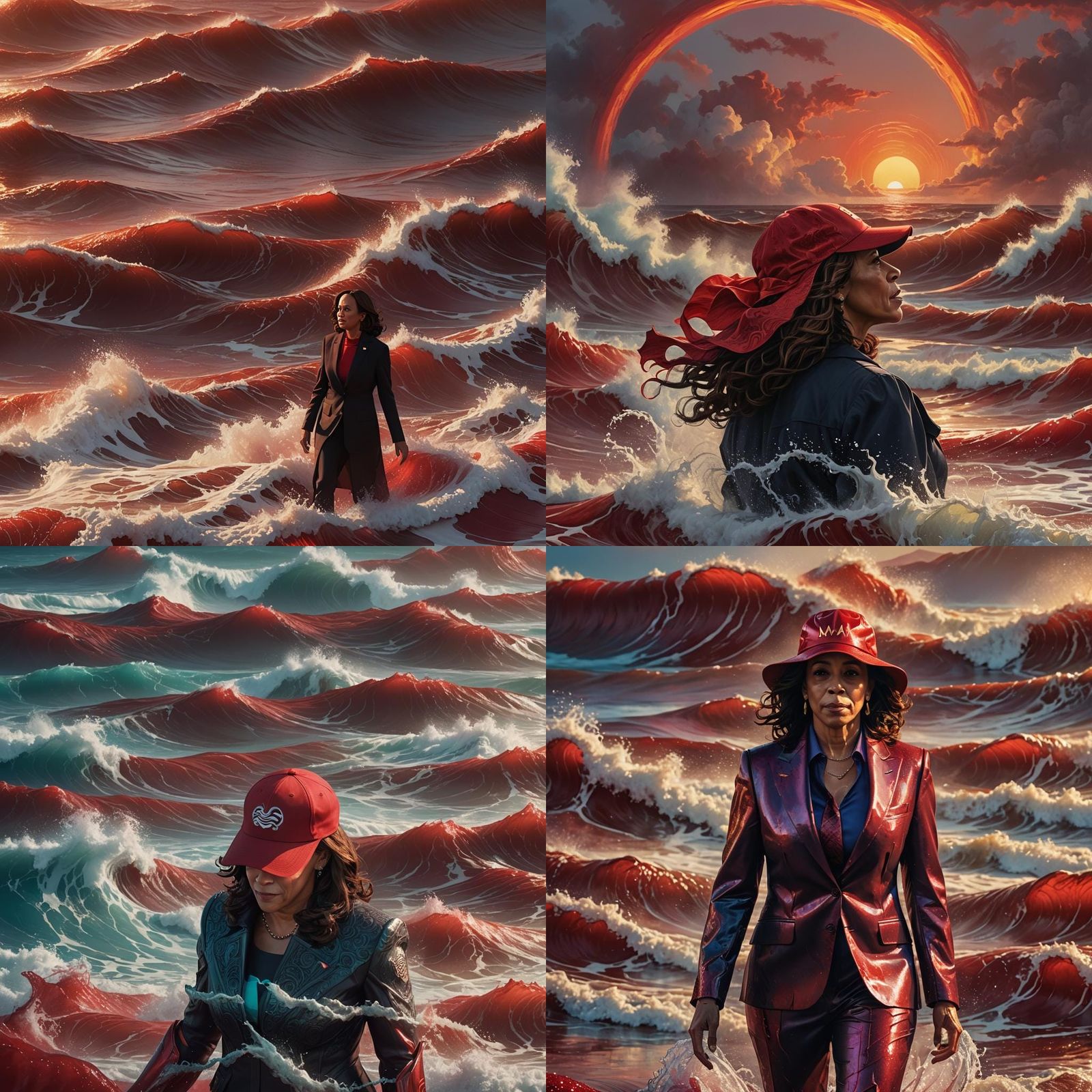 Kamala Harris in Red Ocean: Detailed Fantasy Art