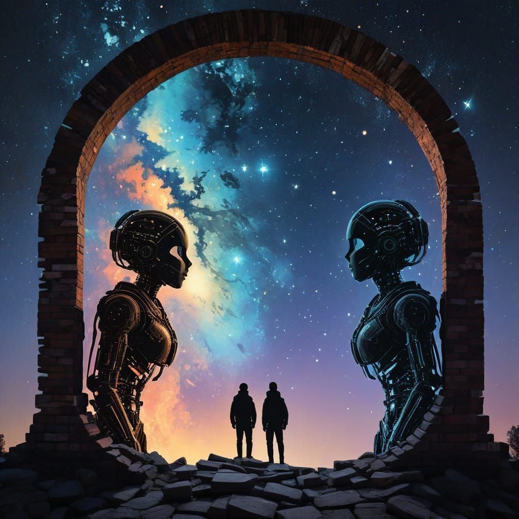 Cosmic Double Exposure: Galactic Gouache Painting