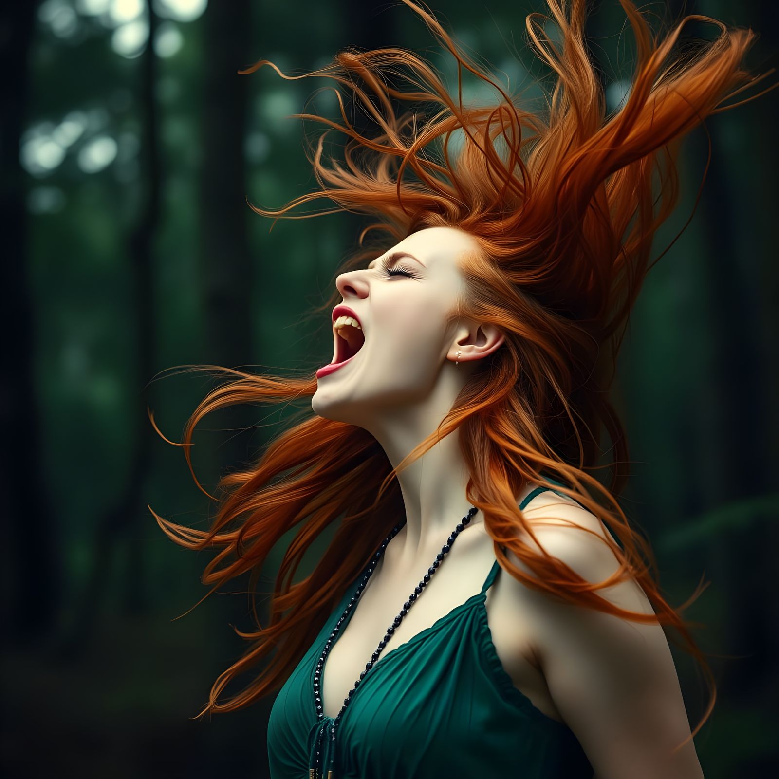 Fiery Redhead Goddess Unleashes Fury in Dark Mystical Realm