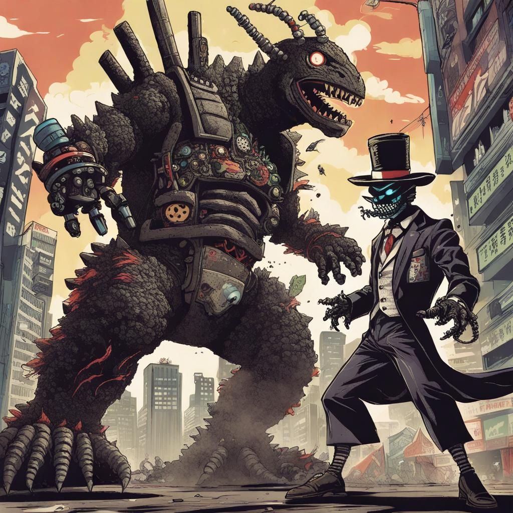 Voodoo Baron Samedi  and Godzilla  Kaiju  in central Tokyo fighting with  a  Bunny Bot Mecha