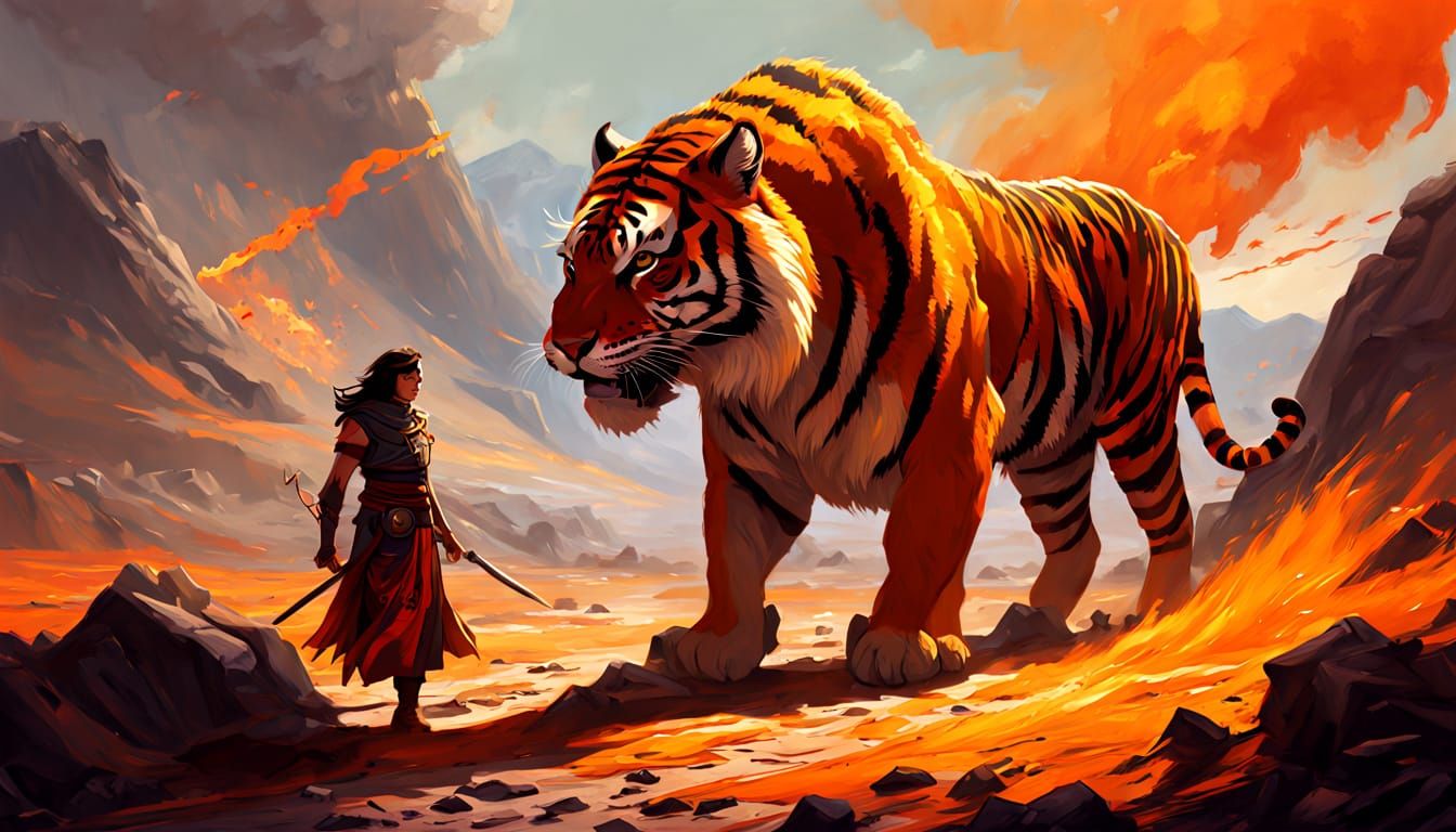 Epic Oil Painting of Tiger-Warden Warrior in Fiery Volcanic ...