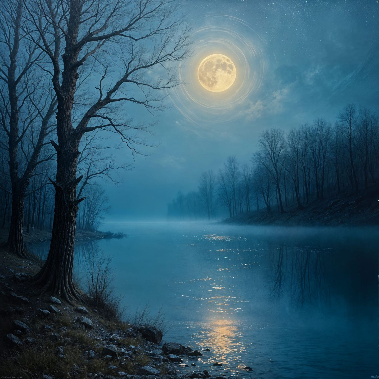 Mysterious Night Scene over Barovia's Lake Zarovich, in a Po...