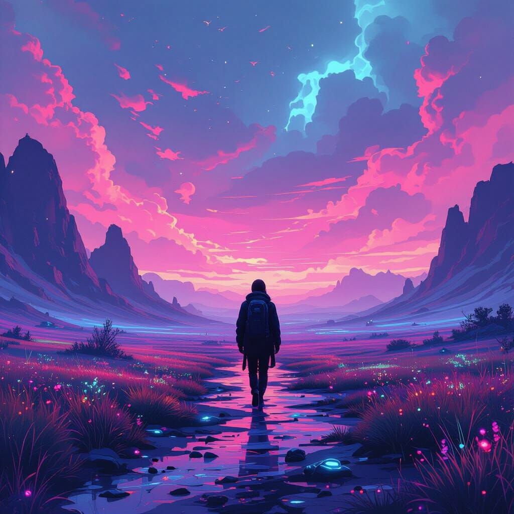 Mysterious Figure in Vibrant, Dreamlike Landscape